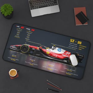 May include: A black mousepad featuring a red and white Formula 1 race car with the number 44. The mousepad includes technical specifications and the text "SF-26". A computer mouse rests on the pad.