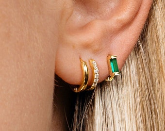 18G Emerald Baguette Cut Cartilage Hoop Earring • upper helix earring • lower lobe hoop earring • ear stack • minimalist earrings