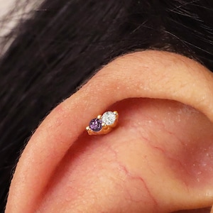 Piercing per cartilagine, trago e labret gemellare spaiato in ametista 18G/16G • orecchino a conchiglia • trago • elica • piercing per cartilagine • minimalista • FONDO PIATTO