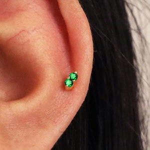 18G/16G Gold Twin Emerald Labret Cartilage Studs • tragus stud • conch earring • helix • cartilage piercing • minimalist • FLAT BACK