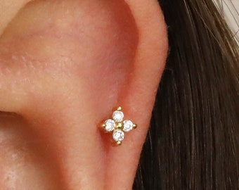 Gold Four Petal Flower Cartilage Earring • Sterling Silver Flat Back