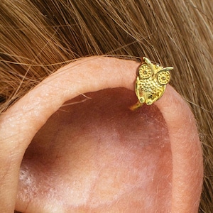 18K Gold Owl Cartilage Hoop Earring • Sterling Silver Helix Earring