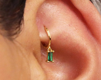 18G Tiny Emerald Baguette Rook Hoop Earring • tiny gold cartilage hoop • baguette stones • silver hoop • dainty cartilage earrings