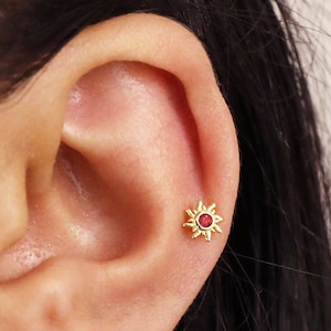 18 G/16G kleine robijn Sun Labret-knop met platte achterkant • Massief 925 sterlingzilver • Sun Tragus-knop • Labret met platte achterkant • Helix • Conch • Labret