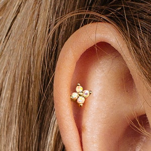 20G Fire Opal Iridescent Flower Cartilage Earring • tragus • conch earring • helix • cartilage piercing • minimalist • FLAT BACK