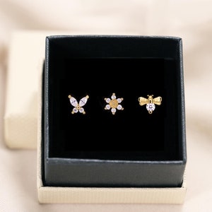 Ensemble de boucles d'oreilles à dos plat bourdon et papillon • lot de 3 • boucles d'oreilles en cartilage • clou d'oreille en hélice • cadeau pour elle