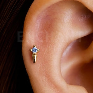 18G/16G Aquamarine Dagger Internally Threaded Labret • Flat Back Earring • Tragus Stud • Helix Stud • Cartilage Stud