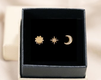 Celestial Earring Set: 16G/18G Gold Star, Moon, Sun Flat Back