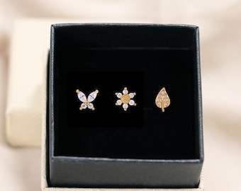Dainty Sterling Silver Earring Set: Butterfly, Flower, Leaf Studs