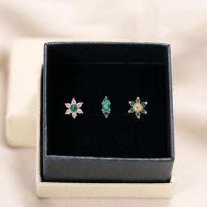 Emerald Flower Dainty Charm Flat Back Earring Set • set of 3 • cartilage earrings • helix stud • gift for her