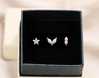 Floral Flat Back Earring Set: Sterling Silver Cartilage Helix Studs