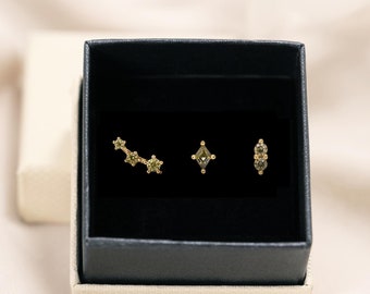 Dainty Peridot Sterling Silver Earring Set: Helix & Cartilage Studs