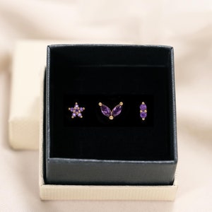 Amethyst Floral Flat Back Earring Set • set of 3 • cartilage earrings • helix stud • gift for her