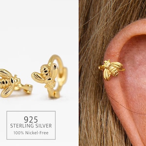 Boucle d'oreille cartilage abeille en or 18 G • boucle d'oreille hélice supérieure • boucle d'oreille lobe inférieur • empilement d'oreilles • boucles d'oreilles minimalistes
