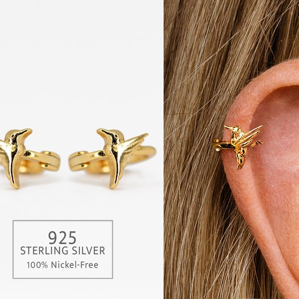 18G Gold Hummingbird Cartilage Hoop Earring • upper helix earring • lower lobe hoop earring • ear stack • minimalist earrings