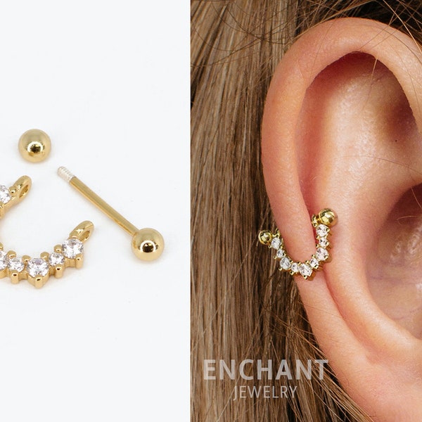 18G Straight Barbell Single Sided Paved Cartilage Gold Hoop Earrings • 925 sterling silver • tragus earrings • tiny helix hoops • gold hoops