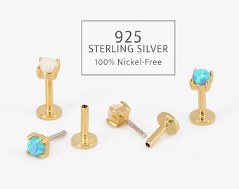 18G Fire Opal Threadless Push Pin Labret Stud • 18G/16G 925 Sterling Silver • Tragus Stud • Flat Back Earring • Helix • Conch Labret Studs