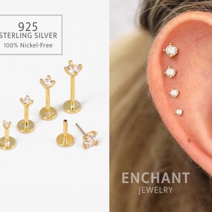 Clou labret en or sans fil • 18G/16G • Argent sterling massif 925 • Clou tragus • Boucle d'oreille à l'arrière • Hélice • Conque • Clou labret