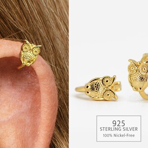 18G Gold Owl Cartilage Hoop Earring • upper helix earring • lower lobe hoop earring • ear stack • minimalist earrings