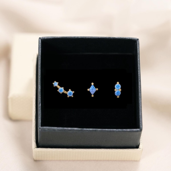 Aquamarine Sterling Silver Flat Back Earring Set: Cartilage Helix Studs