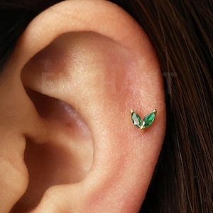 18G/16G Emerald Double Marquise Internally Threaded Flatback Labret • tragus stud • conch earring • tragus • helix • cartilage piercing