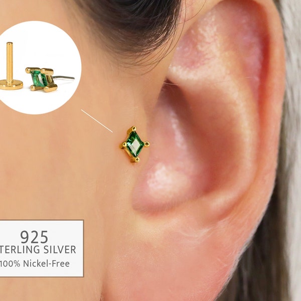 20G/18G Emerald Diamond Threadless Push Pin Labret Stud • Solid 925 Sterling Silver • Tragus Flat Back • Helix Conch Stud