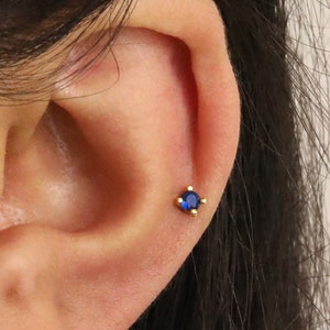 18G/16G Gold Sapphire Threadless Push Pin Labret Stud • Solid 925 Sterling Silver • Tragus Stud • Flat Back • Helix • Conch • Labret Stud