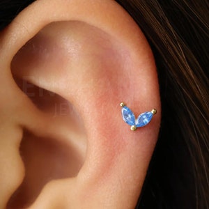 18G/16G Aquamarine Double Marquise Internally Threaded Flatback Labret • tragus stud • conch earring • tragus • helix • cartilage piercing
