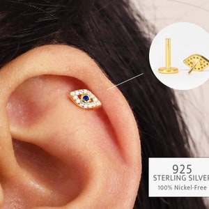 Tiny Evil Eye 20G/18G Puce sans filetage labret avec punaises • Argent sterling massif 925 • Boucle d'oreille Tragus à l'arrière • Clou d'oreille labret conque hélicoïdale