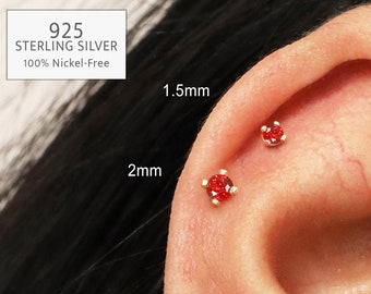20G Ruby Sterling Silver Labret Stud • Tragus, Helix, Conch Earring
