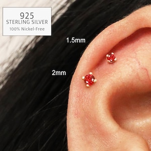 20G Ruby Threadless Push Pin Labret Stud • Solid 925 Sterling Silver • Tragus Stud • Flat Back Earring • Helix Conch Labret Stud