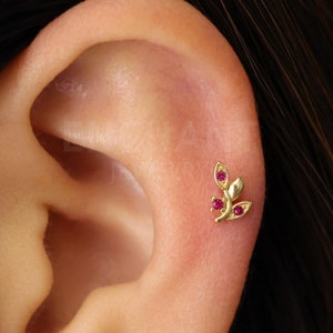 18G/16G Ruby Tiny Leaf Internally Threaded Flatback Labret • tragus stud • conch earring • tragus • helix • cartilage piercing