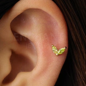 18G/16G Apple Green Double Marquise Internally Threaded Flatback Labret • tragus stud • conch earring • tragus • helix • cartilage piercing