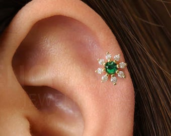 Emerald Flower Labret Earring | Sterling Silver Tragus Conch Helix Piercing