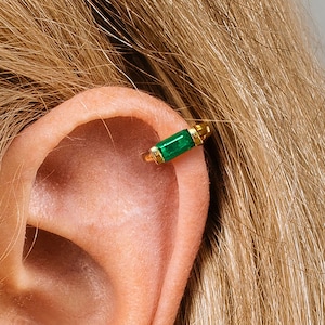 18G Emerald Baguette Cut Cartilage Hoop Earring • upper helix earring • lower lobe hoop earring • ear stack • minimalist earrings