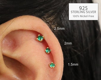 20G/18G Emerald Threadless Push Pin Labret Stud • Solid 925 Sterling Silver • Tragus Stud • Flat Back Earring • Helix Conch Labret Stud