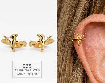 18G Gold Hummingbird Cartilage Hoop Earring • upper helix earring • lower lobe hoop earring • ear stack • minimalist earrings