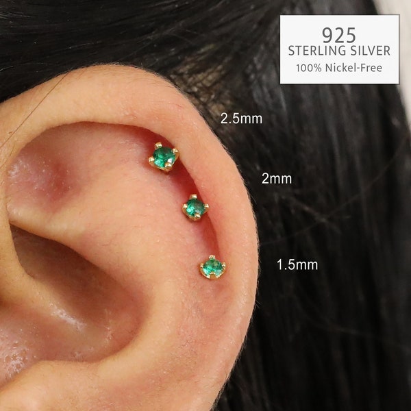 20G/18G Emerald Threadless Push Pin Labret Stud • Solid 925 Sterling Silver • Tragus Stud • Flat Back Earring • Helix Conch Labret Stud