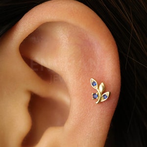 18G/16G Sapphire Tiny Leaf Internally Threaded Flatback Labret • tragus stud • conch earring • tragus • helix • cartilage piercing