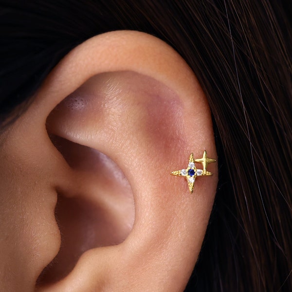 18G/16G Sapphire Starburst Cartilage Earring • star tragus stud • conch earring • helix • cartilage piercing • minimalist • FLAT BACK