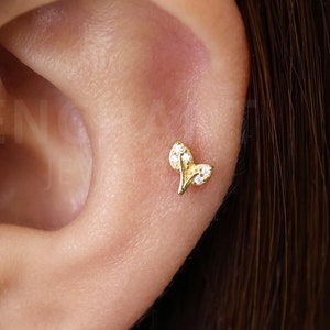 18G/16G Tiny Double Leaf Internally Threaded Flatback Labret • tragus stud • conch earring • tragus • helix • cartilage piercing