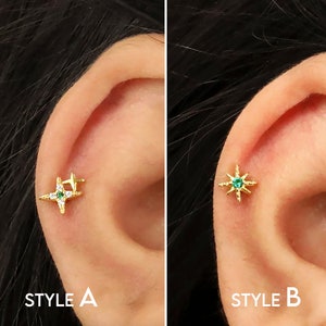 18G/16G Emerald Star Dainty Labret Cartilage Studs • tragus stud • conch earring • helix • cartilage piercing • minimalist • FLAT BACK