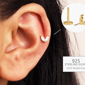 Minuscule fleur de marquise, 20 g/18 g, punaise labret sans filetage • Argent sterling massif 925 • Dos plat tragus • Clou d'oreille conque hélicoïdale