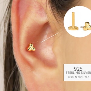 Clou labret sans filetage en grappe 20G/18G • Argent sterling massif 925 • Boucle d'oreille tragus à l'arrière • Clou labret conque hélicoïdal