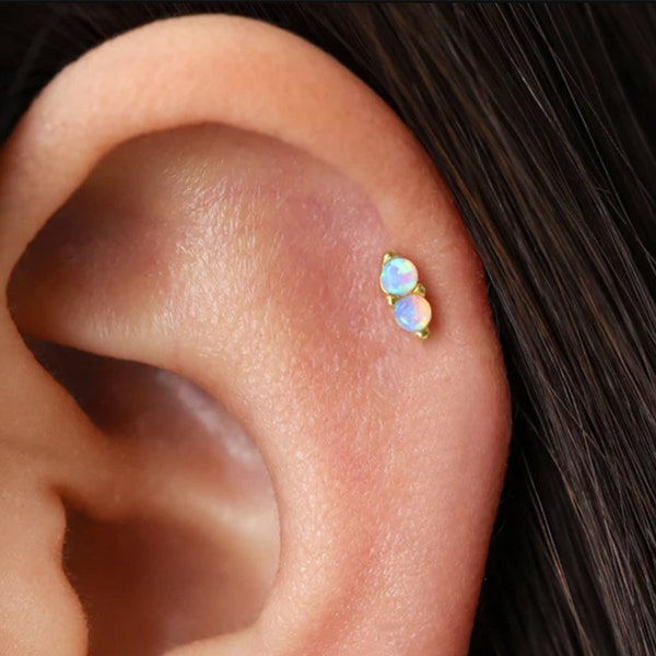 18G/16G Double Blue Opal Internally Threaded Labret • Flat Back Earring • Tragus Stud • Helix Stud • Cartilage Stud • Nose Stud