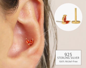 20G/18G Garnet Marquise Flower Threadless Push Pin Labret Stud • Solid 925 Sterling Silver • Tragus Flat Back • Helix Conch Stud