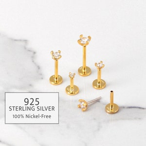 20G/18G/16G Gold Threadless Push Pin Labret Stud • Solid 925 Sterling Silver • Tragus Stud • Flat Back Earring • Helix • Conch • Labret Stud