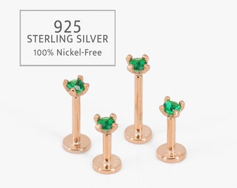 18G/16G Rose Gold Emerald Threadless Push Pin Labret Stud • Solid 925 Sterling Silver • Tragus Stud • Flat Back • Helix • Conch • Labret