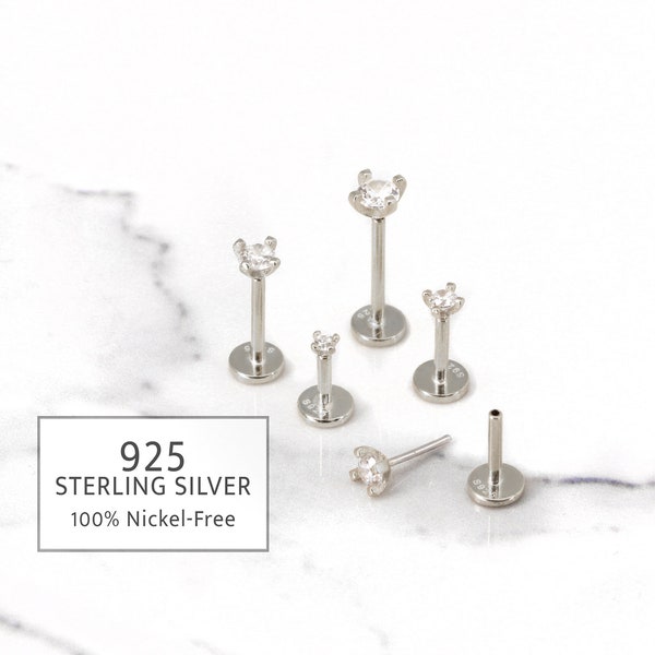 20G/18G/16G Silver Threadless Push Pin Labret Stud • Solid 925 Sterling Silver • Tragus Stud • Flat Back Earring • Helix Conch Labret Stud