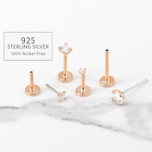 20G/18G Rose Gold Threadless Push Pin Labret Stud • Solid 925 Sterling Silver • Tragus Stud • Flat Back Earring • Helix Conch • Labret Stud